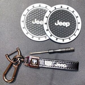 Jeep Black Genuine Leather Keychain w/ Ring-holder, Screwdriver & Cup Holders